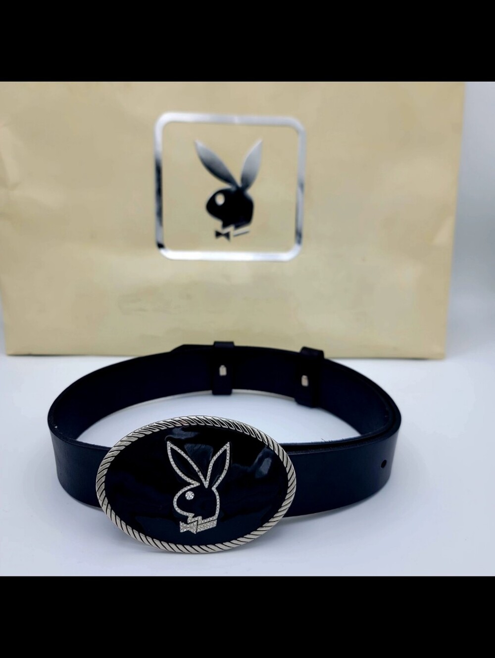 PLAYBOY Bunny Bling Y2K Rhinstones Leather Black Belt Vintage RARE Circa 2005
